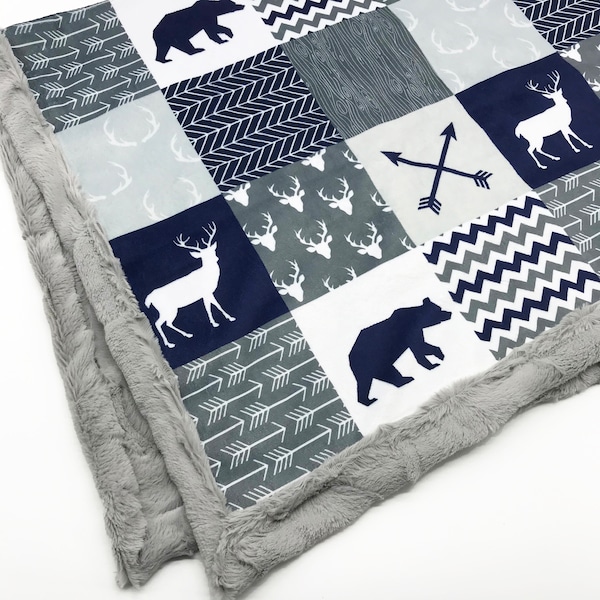 Minky Blanket | Woodland Patchwork | Bear Deer | Navy Baby Shower Gift | Nursery Decor| Baby to Adult sizes