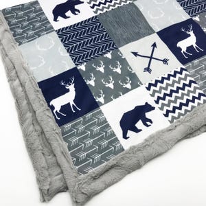 Woodland Bear Minky Baby Blanket: Patchwork Nursery Decor (Quick Ship)