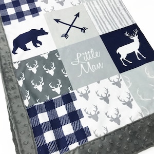 Personalized Minky Blanket, Woodland Patchwork Baby Blanket, Bear Deer Lovey with Name, Plaid Baby Shower Gift, Woodland Nursery, 6 Sizes