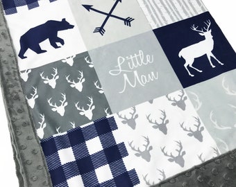 Minky Blanket | Woodland Patchwork | Bear Deer | Navy Plaid Baby Shower Gift | Nursery Decor| Baby to Adult sizes