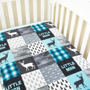 Minky Blanket Woodland Patchwork Deer Aqua, Black Baby Shower Gift Nursery Decor Baby to Adult sizes Child/Crib 58x38