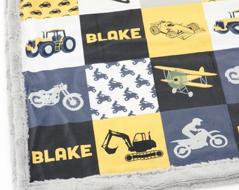 Personalized Minky Patchwork Toddler Blanket | Truck Blanket for Boy with Name | Truck Boy Room Decor | Truck Birthday Gift