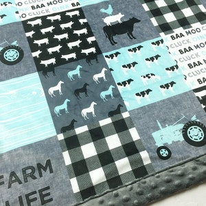 Minky Blanket FARM LIFE Patchwork Blue & Gray Add an Embroidered Name 6 sizes: baby, kid, teen, adult image 2