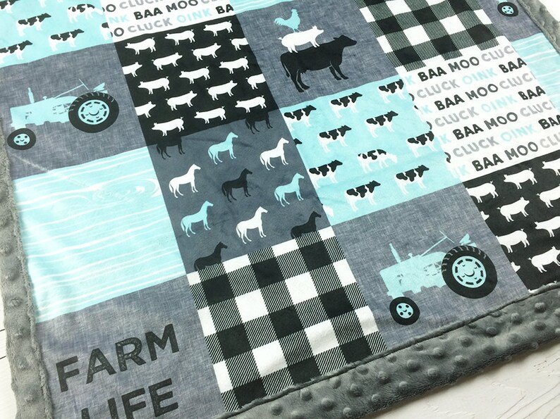 Minky Blanket FARM LIFE Patchwork Blue & Gray Add an Embroidered Name 6 sizes: baby, kid, teen, adult image 2