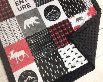 Moose & Bear Minky Blanket | Bear Baby Blanket for Boy | Moose Nursery | ADVENTURE Patchwork | "sleep under the stars" |Baby Boy Gift Red
