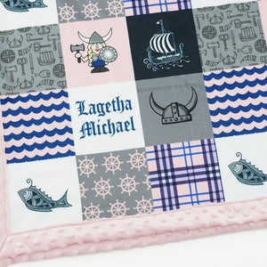 Personalized Minky Baby Blanket: Little Viking Girl Norse Patchwork in Pinks