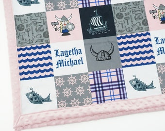 Personalized Minky Baby Blanket | LITTLE VIKING Girl Patchwork Blanket Minky | Baby Girl Gift with name |  Viking Nursery Decor