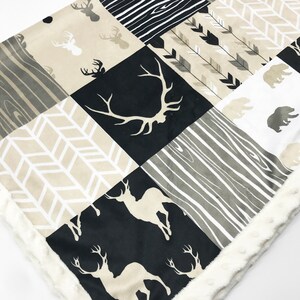 Custom Minky Crib Set: Woodland Patchwork with Deer, Antlers, Bear, in Tan & Black Choice of 8 Pieces image 2