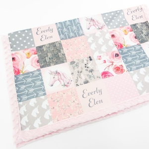 Minky Blanket | Unicorn Floral Patchwork | PERSONALIZE with a NAME and/or TEXT |   baby, kid, teen, adult sizes