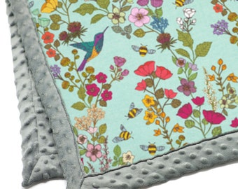 Minky Blanket | Hummingbird Flower Garden| Mint | Add Embroidered Name | baby, kid, teen, adult sizes