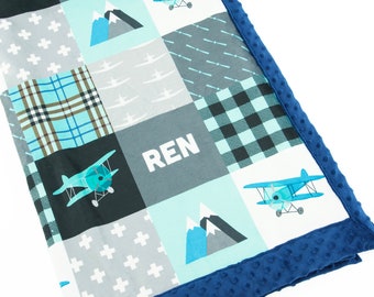 Personalized Minky Baby Blanket: Airplane Patchwork, Sky Nursery Decor