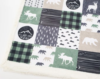 Moose Minky Blanket | Moose Baby Blanket | Bear Nursery Gender Neutral | Woodland Bear Minky Patchwork |"under the stars"|Baby Gift Sage Tan