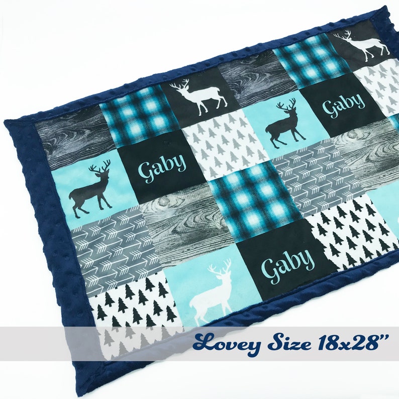 Minky Blanket Woodland Patchwork Deer Aqua, Black Baby Shower Gift Nursery Decor Baby to Adult sizes Lovey 28x20