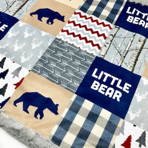 Personalized Baby Blanket Minky | Bear Minky Patchwork Blanket with Name| Woodland Baby Shower Gift | Gender Neutral Nursery Decor