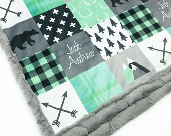 Minky Blanket | Woodland Patchwork | Bear | Mint, Gray | PERSONALIZE with a NAME | An Original Joomookie Design | Baby to Adult sizes