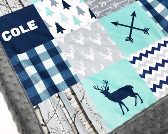 Personalized Minky Baby Blanket: Woodland Deer Patchwork, Teal & Navy