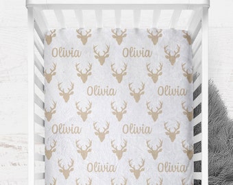 Personalized Fitted Crib Sheet, Stag Head Crib Sheet, Woodland Deer Nursery Decor, Changing Pad Cover, Woodland Baby Gift