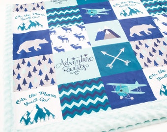 Minky Blanket | Woodland Patchwork |  "Adventure Awaits"  Baby Shower Gift | Nursery Decor| Baby to Adult sizes