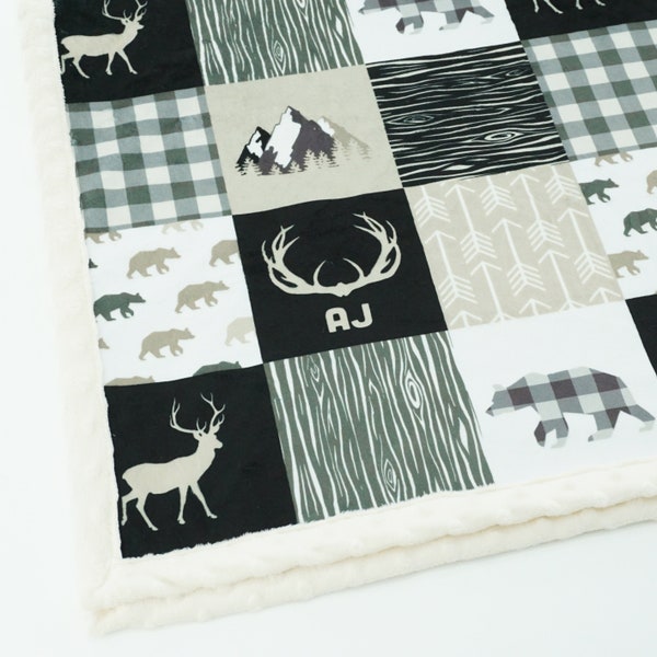 Minky Blanket | Woodland Patchwork | Antlers | Tan Baby Shower Gift | Nursery Decor| Baby to Adult sizes