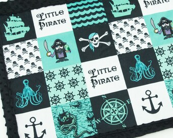 READY TO SHIP Pirate Minky Blanket, Pirate Baby Blanket for Boy, Pirate Baby Boy Gift, Pirate Nursery Decor, (Lovey Size-Black Dots Backing)
