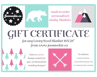 Gift Card for LOVEY SIZED minky blanket  (18x28’’), E gift certificate, last minute gift, personalized