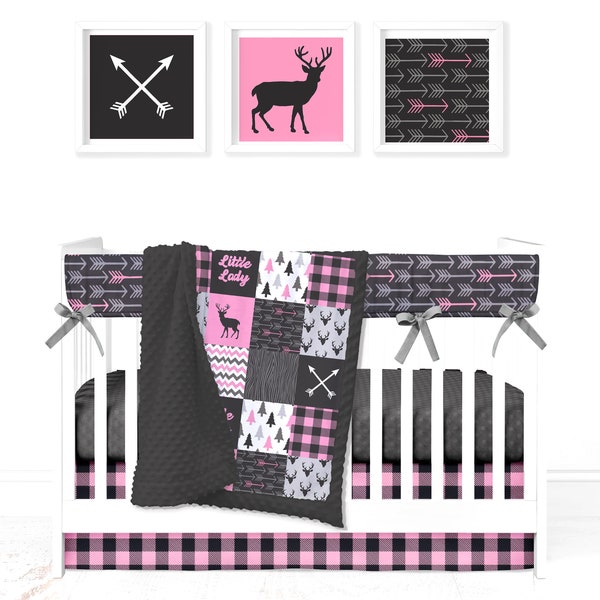 Ensemble de berceau Minky personnalisé : Woodland Patchwork en rose vif | Choix de 8 pièces