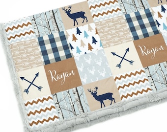 Woodland Deer Minky Blanket: Personalized Patchwork Nursery Decor