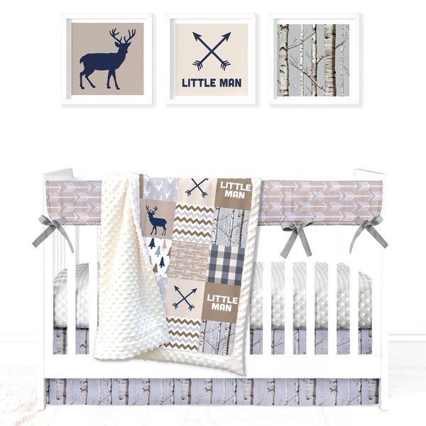 Ensemble de berceau Minky personnalisé : Woodland Patchwork en Tan & Grey | Choix de 8 pièces