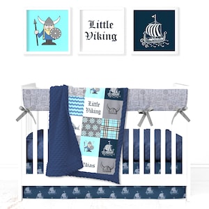 Custom Minky Crib Set: Little Viking Patchwork in Navy, Gray & Teal |   Choice of 8 pieces