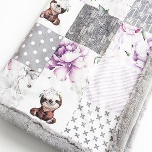 Personalized Baby Sloth Blanket |  Baby Sloth Patchwork Blanket | Peony Nursery Decor | Peony Baby Shower Gift Girl | Peony Minky Patchwork