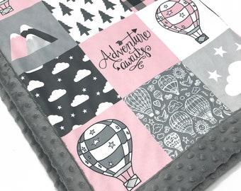 Minky Blanket | Hot Air Balloon |  "Adventure awaits"| PERSONALIZE with a NAME and/or TEXT |   6 sizes