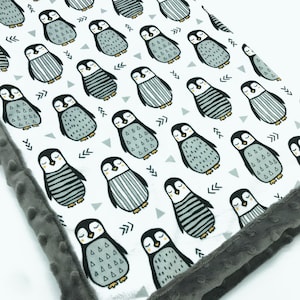 Minky Decke | Pinguine | Grau | 6 Größen: Baby, Kind, Teenager, Erwachsener