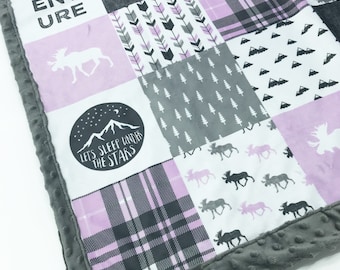 Moose Minky Blanket | Moose Baby Blanket for Girl | Moose Nursery | ADVENTURE Patchwork | "under the stars" |Baby Girl Gift Purple