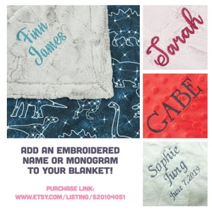 May include: A collection of personalized blankets with embroidered names. The blankets are in various colors and textures, including gray, pink, red, and blue. The names embroidered on the blankets are Finn James, Sarah, Gabe, and Sophie Jung. The text on the image reads "ADD AN EMBROIDERED NAME OR MONOGRAM TO YOUR BLANKET! PURCHASE LINK: WWW.ETSY.COM/LISTING/520104051"