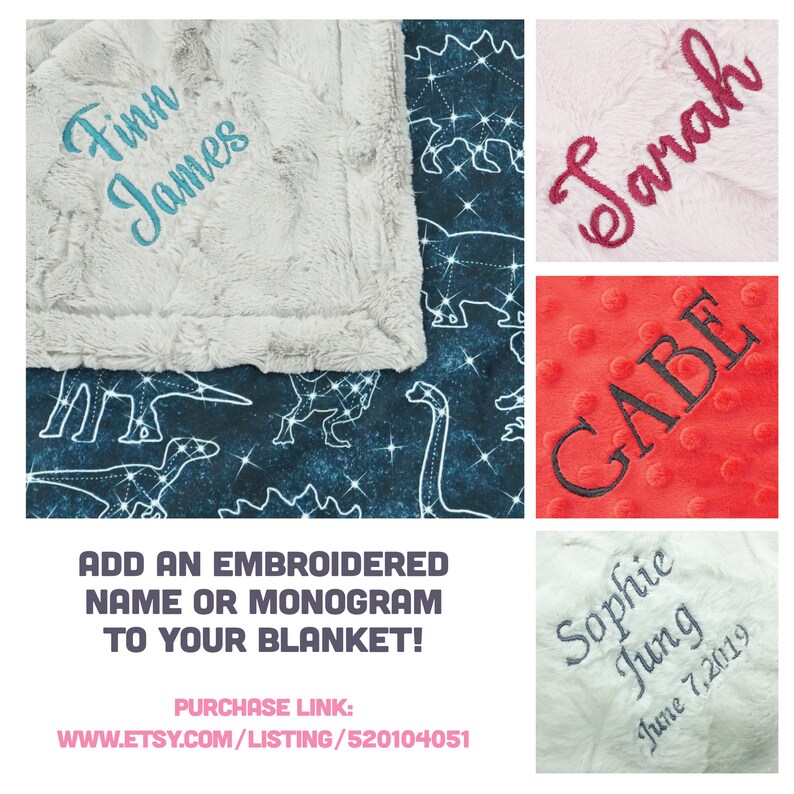 May include: A collection of personalized blankets with embroidered names. The blankets are in various colors and textures, including gray, pink, red, and blue. The names embroidered on the blankets are Finn James, Sarah, Gabe, and Sophie Jung. The text on the image reads "ADD AN EMBROIDERED NAME OR MONOGRAM TO YOUR BLANKET! PURCHASE LINK: WWW.ETSY.COM/LISTING/520104051"