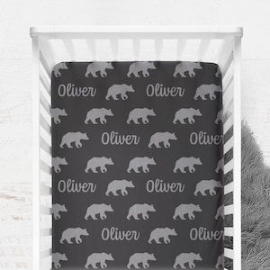 Personalized Fitted Crib Sheet, Bear Crib Sheet, Woodland Bear Nursery Decor, Changing Pad Cover, Woodland Baby Gift
