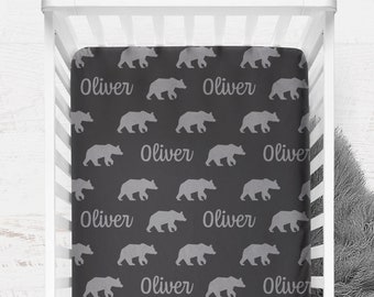 Personalized Fitted Crib Sheet, Bear Crib Sheet, Woodland Bear Nursery Decor, Changing Pad Cover, Woodland Baby Gift