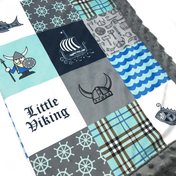 Personalized Minky Blanket | Little Viking Baby Blanket Boy with Name | Viking Baby Shower Gift | Viking Nursery Décor | Patchwork  Blanket