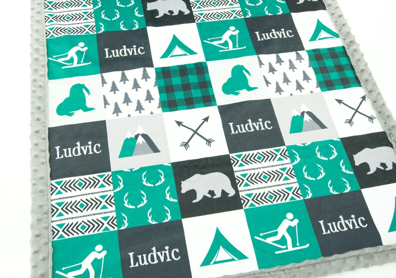 Minky Blanket Woodland Patchwork Bear Moose Green, Black Baby Shower Gift Nursery Decor Baby to Adult size image 3