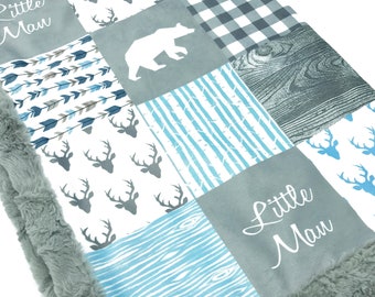 Minky Blanket | Woodland Patchwork | Bear | Baby Blue Baby Shower Gift | Nursery Decor| Baby to Adult sizes