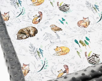 Minky Blanket | Sleeping Woodland Animals | Add an Embroidered Name | 6 sizes: baby, kid, teen, adult