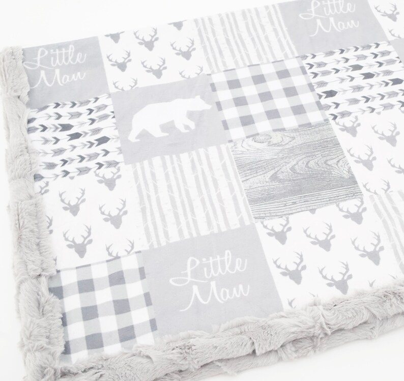 Minky Blanket Woodland Patchwork Bear Gray Baby Shower Gift Nursery Decor Baby to Adult sizes image 1