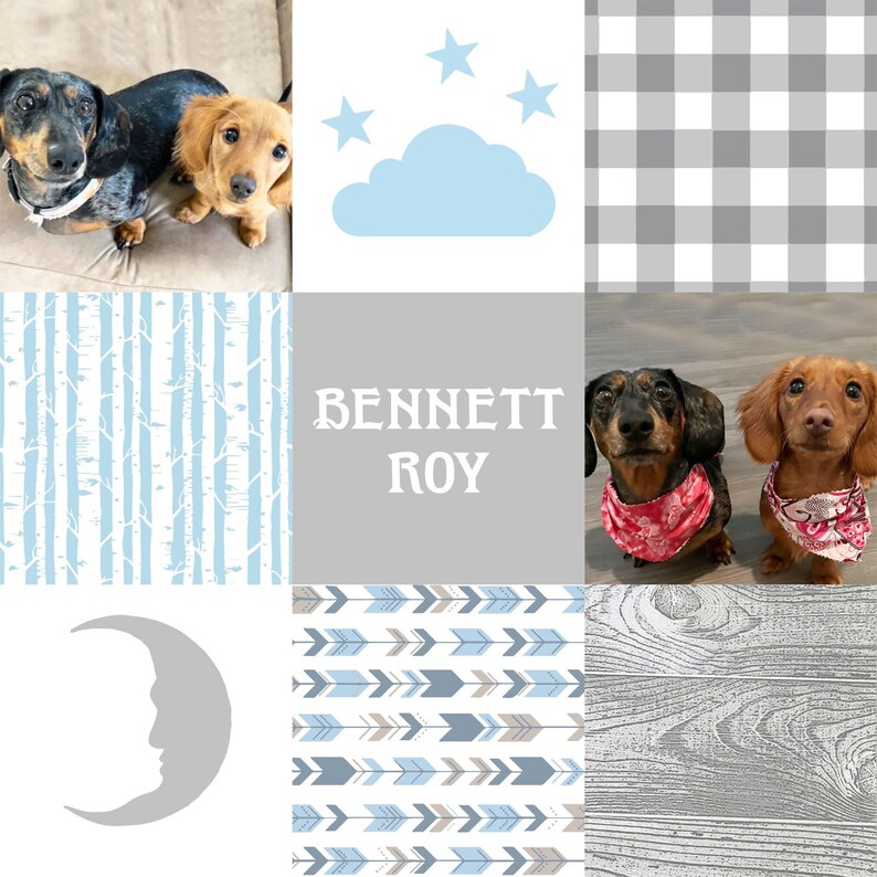 May include: A collage of images featuring a baby boy's nursery theme with a blue and gray color scheme. The collage includes images of a cloud with stars, a moon, a wood grain pattern, a pattern of arrows, a pattern of birch trees, a checkered pattern, and two dachshund puppies.