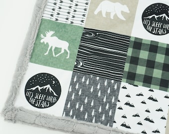 Moose Minky Baby Blanket: Woodland Bear Nursery Patchwork (Quick Ship)