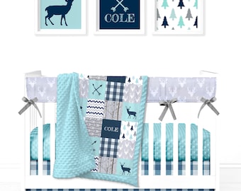 Custom Minky Crib Set: Woodland Patchwork in Navy & Teal |   Choice of 5 pieces