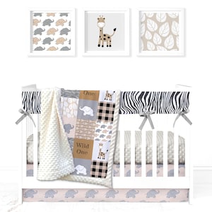 Custom Minky Crib Set: Safari Patchwork in Tan |   Choice of 5 pieces