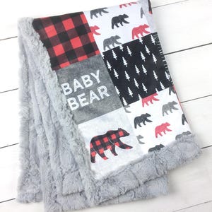 Woodland Minky Blanket BABY BEAR Red Buffalo Plaid Bear Add an Embroidered Name 6 sizes, baby, kid, teen, adult image 3