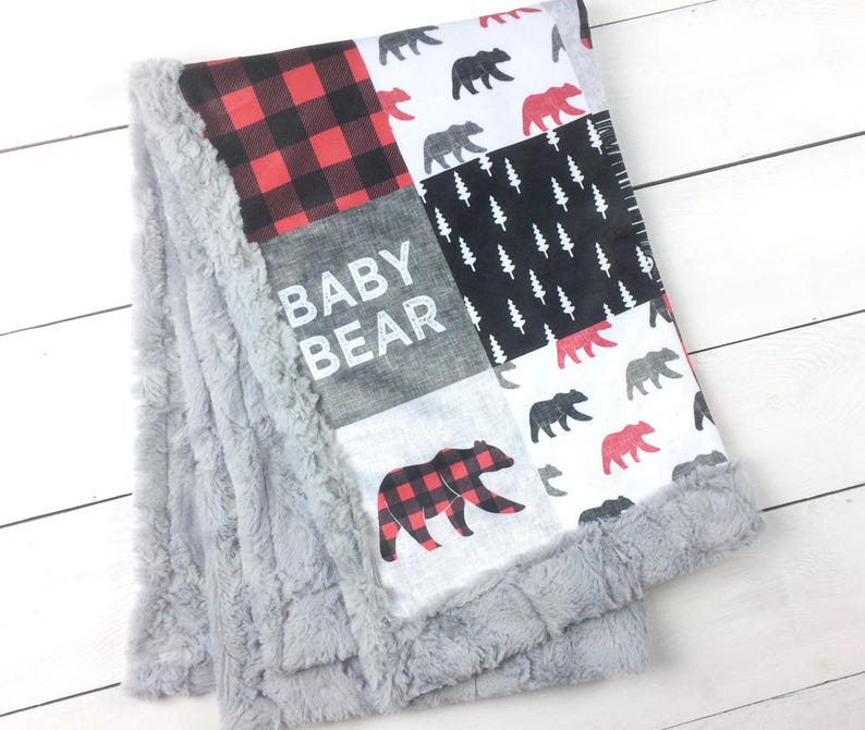 Woodland Minky Blanket BABY BEAR Red Buffalo Plaid Bear Add an Embroidered Name 6 sizes, baby, kid, teen, adult image 3