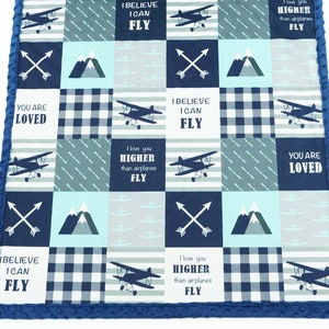 Ready to Ship Airplane Minky Blanket | Airplane Baby Blanket | I Believe I can fly | Plane Themed Nursery | Patchwork Baby Boy Gift