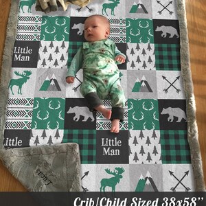 Minky Blanket Woodland Patchwork Bear Moose Green, Black Baby Shower Gift Nursery Decor Baby to Adult size image 7